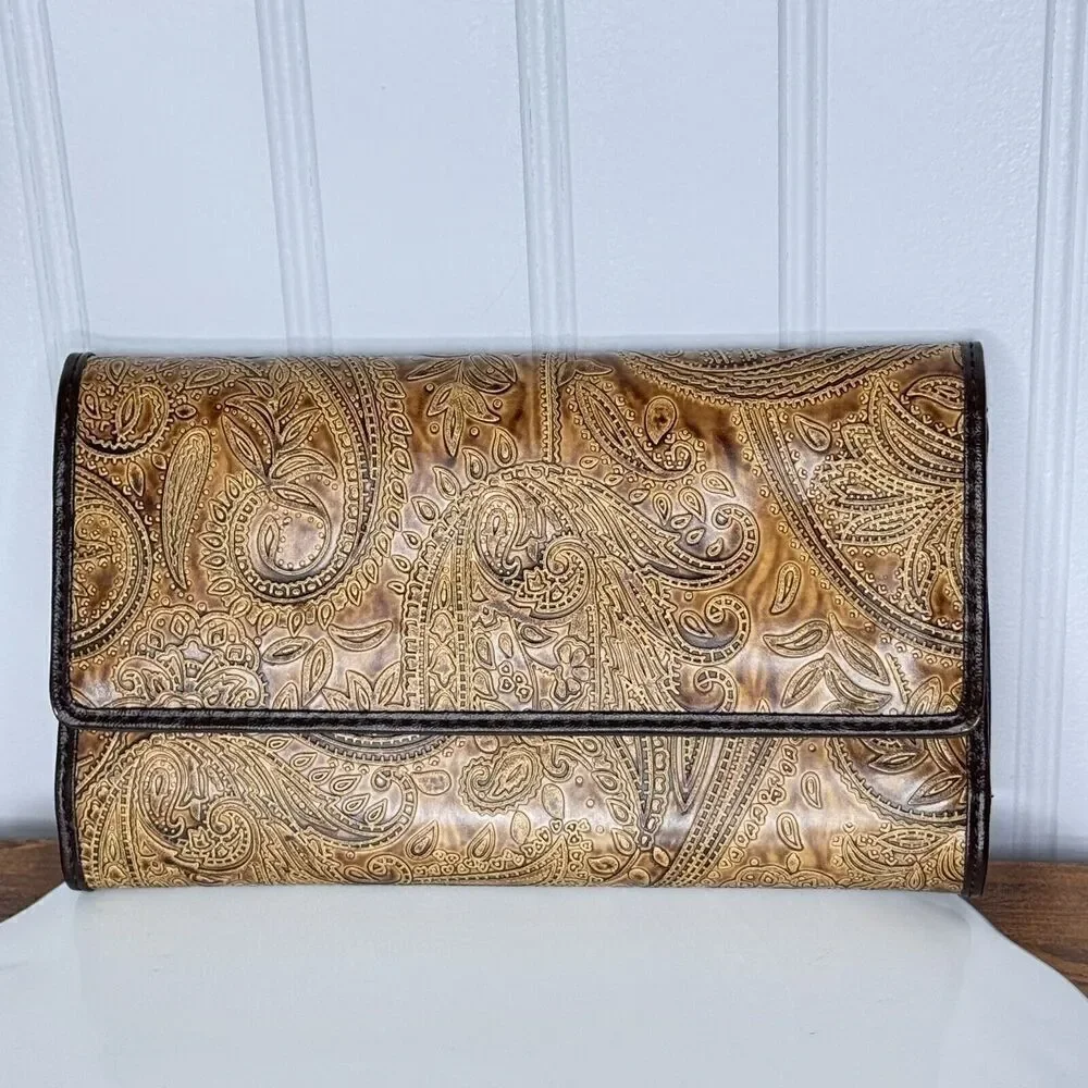 Relic TriFold Wallet Checkbook Insert Brown Paisley Saddle Tooled Leather Boho